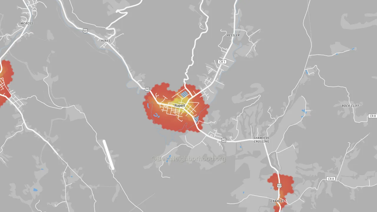 Walk Grade map of Rupert, WV, walkable areas in green and car-dependent areas in red