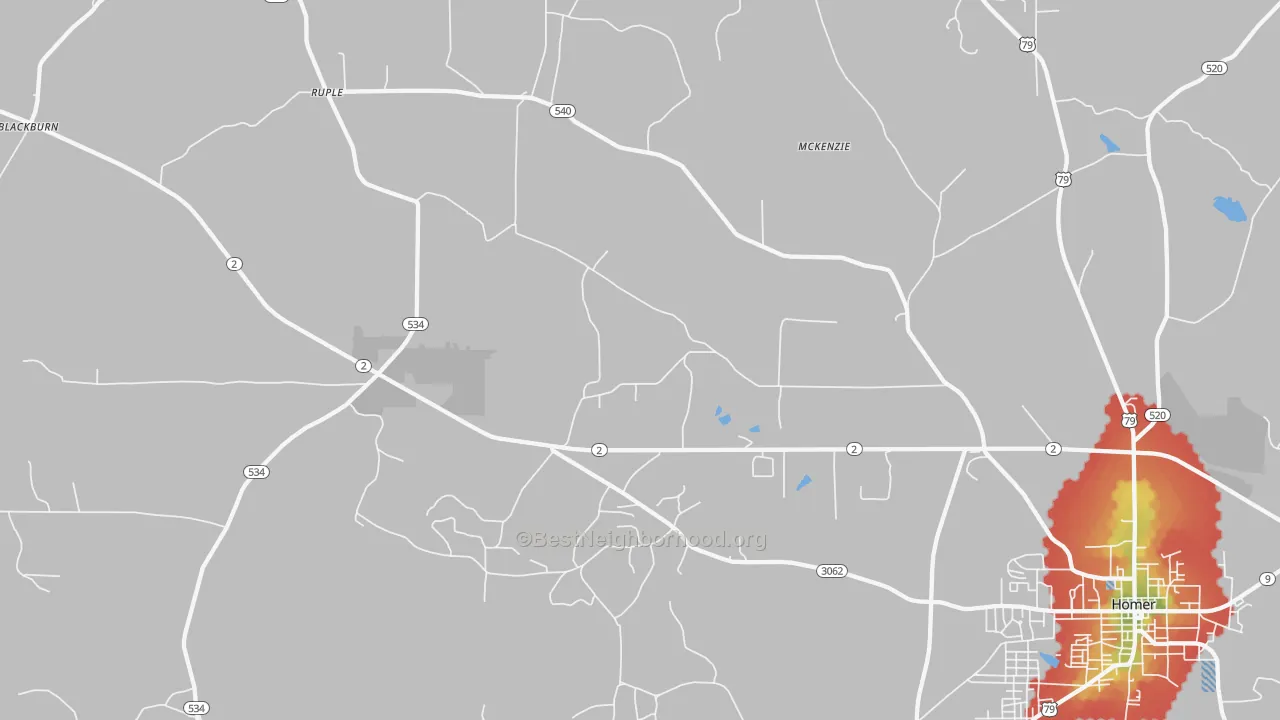 Walk Grade map of Ruple, LA, walkable areas in green and car-dependent areas in red