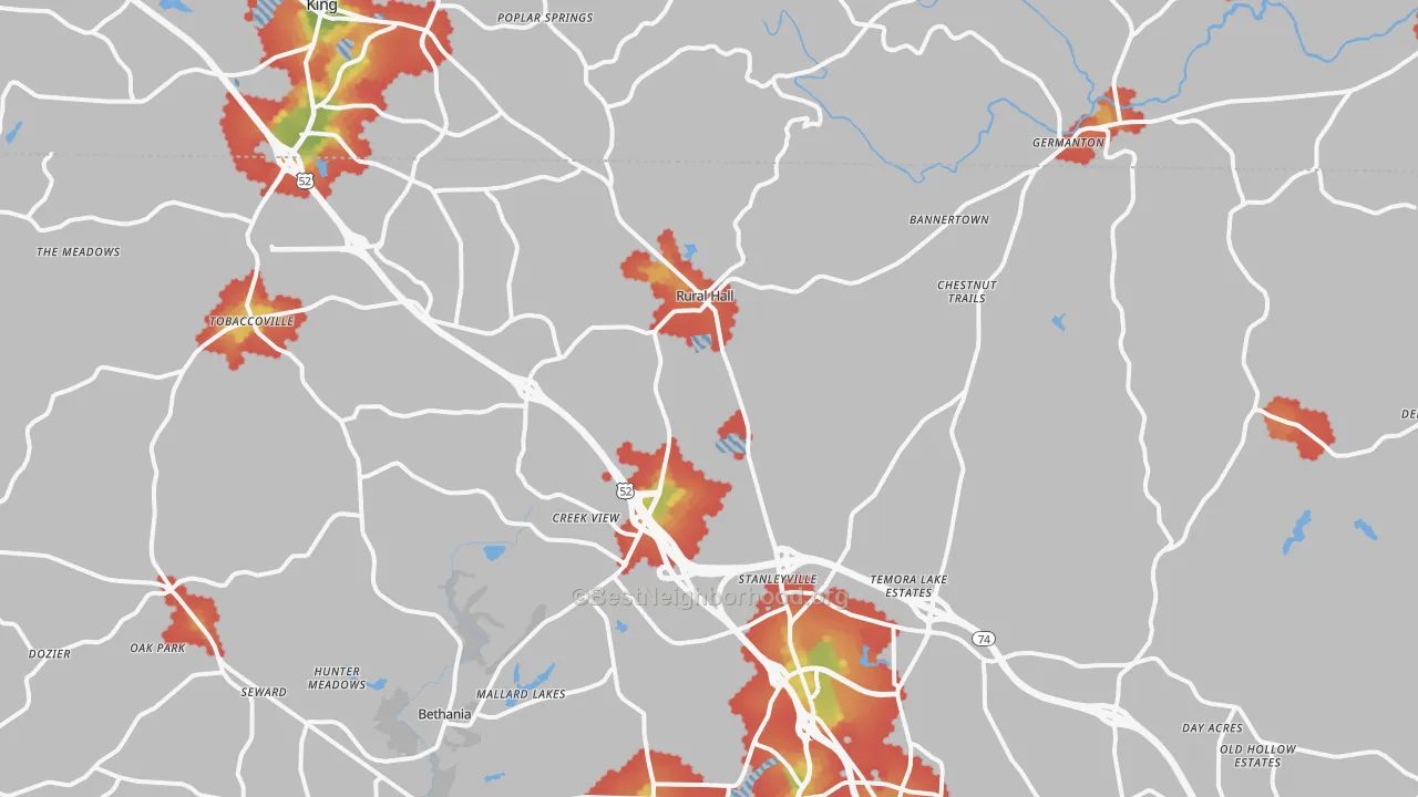 Walk Grade map of Rural Hall, NC, walkable areas in green and car-dependent areas in red