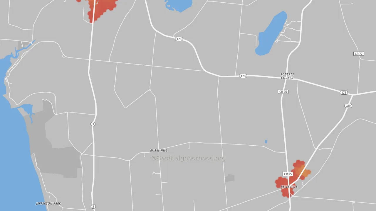Walk Grade map of Rural Hill, NY, walkable areas in green and car-dependent areas in red