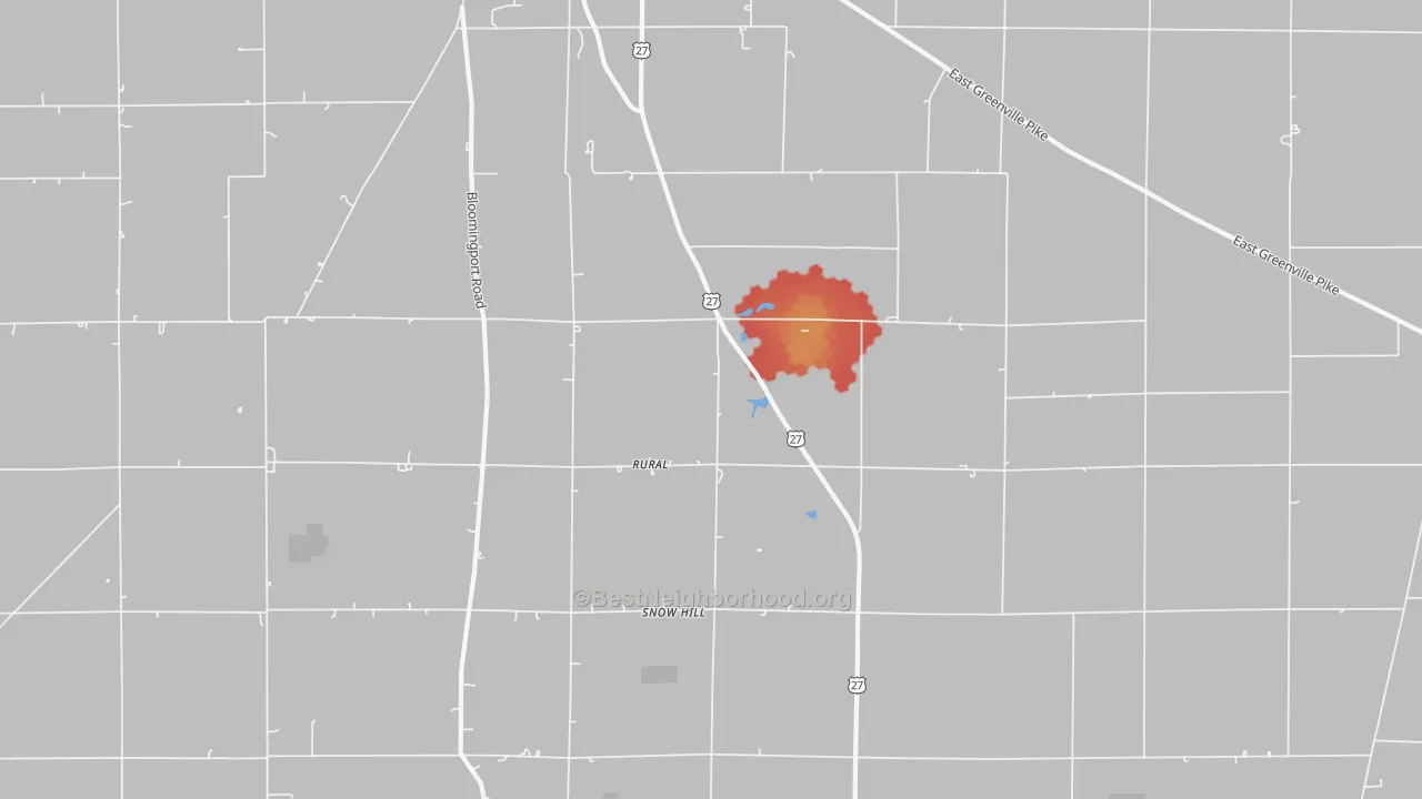 Walk Grade map of Rural, IN, walkable areas in green and car-dependent areas in red