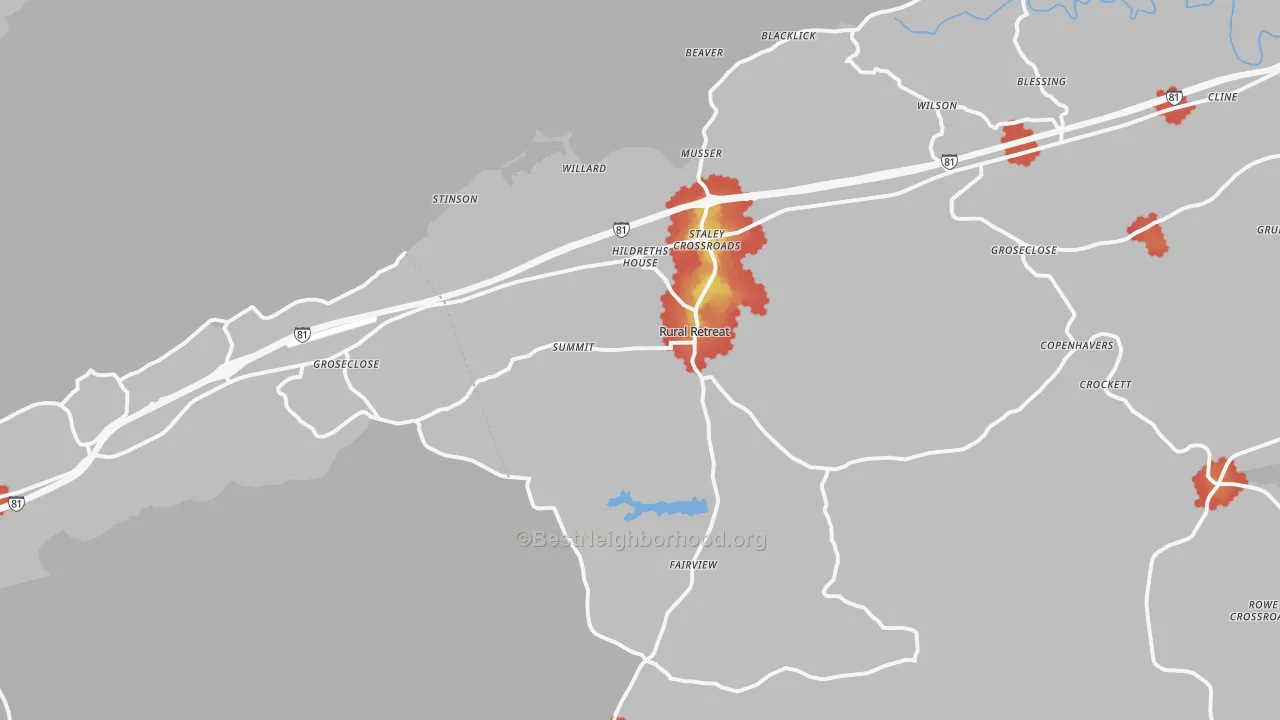 Walk Grade map of Rural Retreat, VA, walkable areas in green and car-dependent areas in red