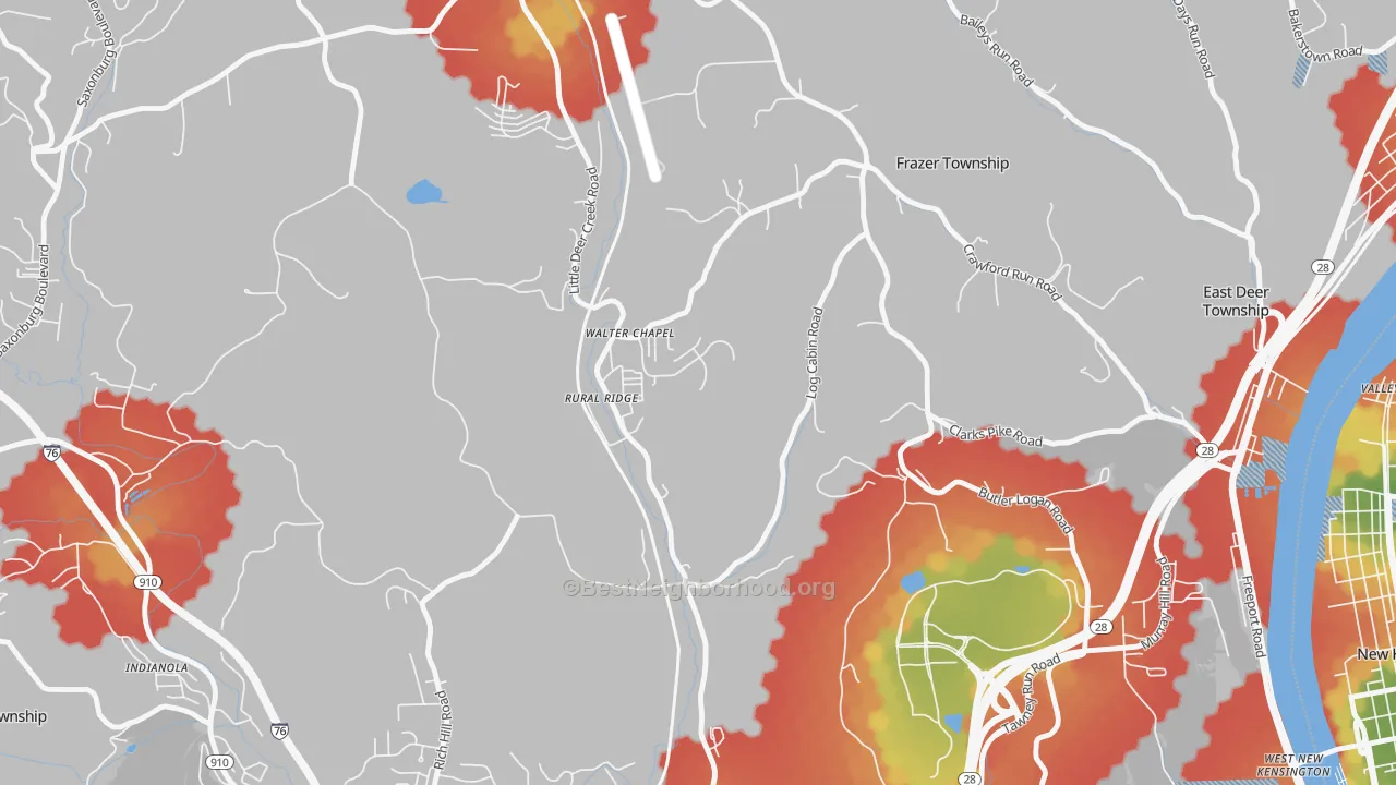 Walk Grade map of Rural Ridge, PA, walkable areas in green and car-dependent areas in red