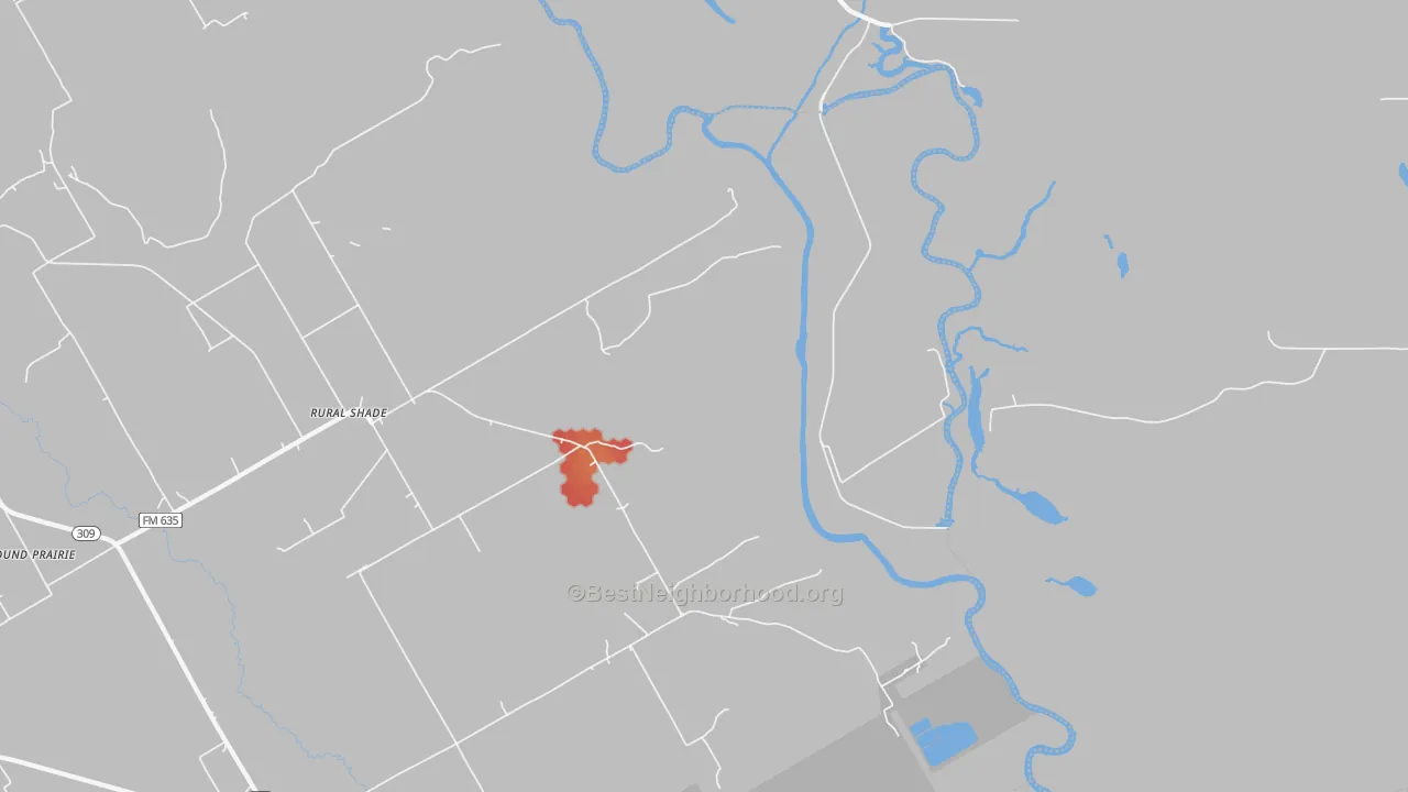 Walk Grade map of Rural Shade, TX, walkable areas in green and car-dependent areas in red