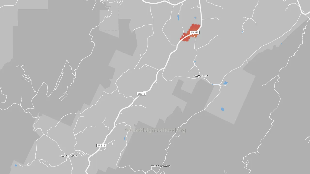 Walk Grade map of Rural Vale, TN, walkable areas in green and car-dependent areas in red