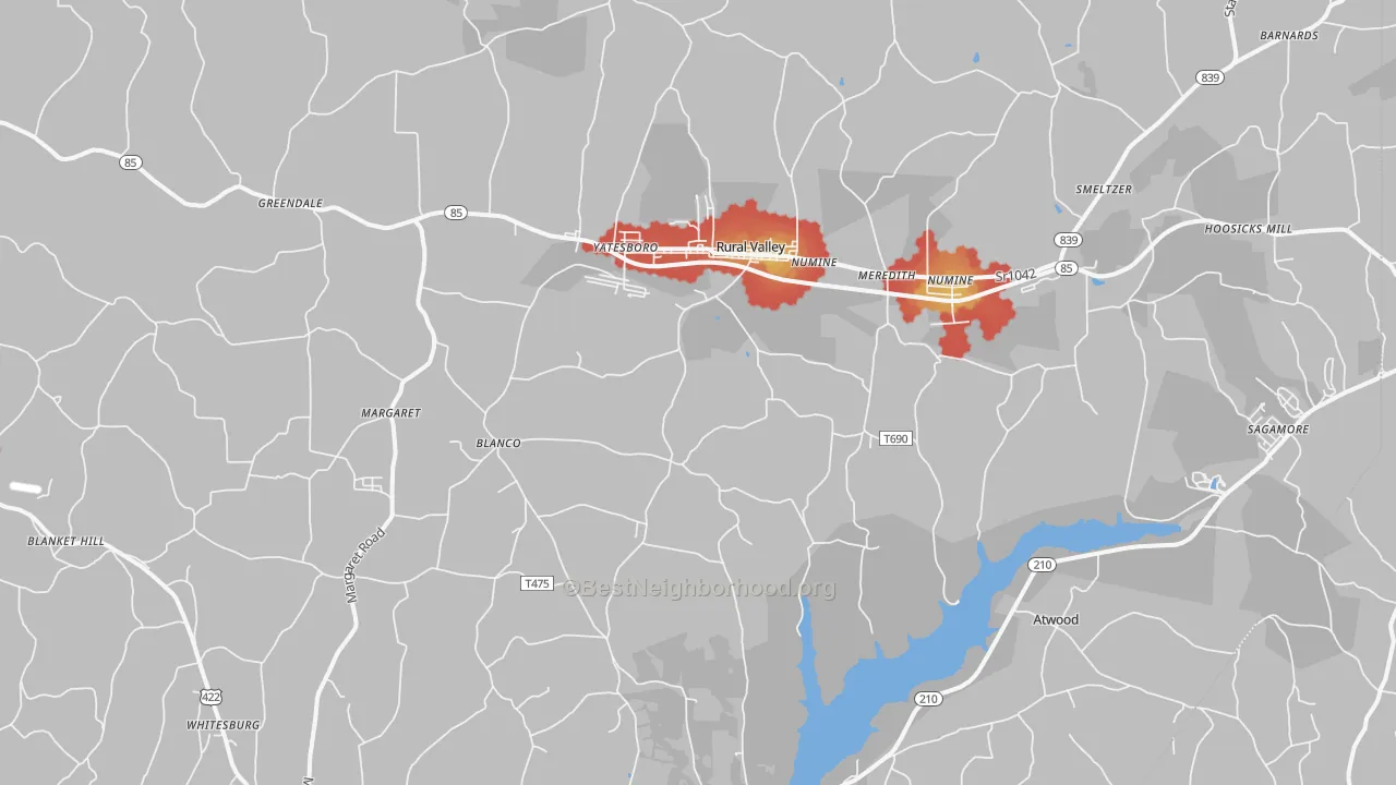 Walk Grade map of Rural Valley, PA, walkable areas in green and car-dependent areas in red