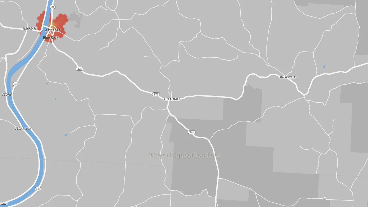 Walk Grade map of Ruraldale, OH, walkable areas in green and car-dependent areas in red