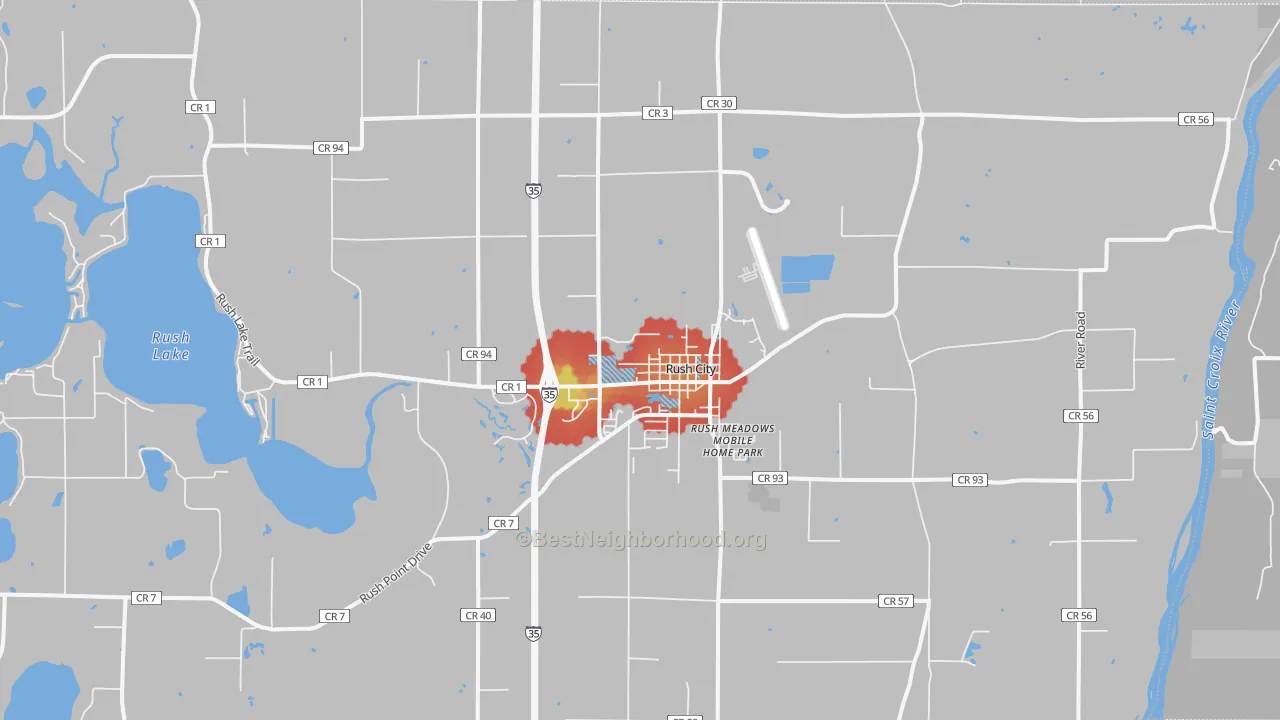 Walk Grade map of Rush City, MN, walkable areas in green and car-dependent areas in red