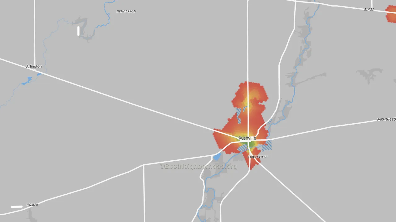 Walk Grade map of Rush County, IN, walkable areas in green and car-dependent areas in red