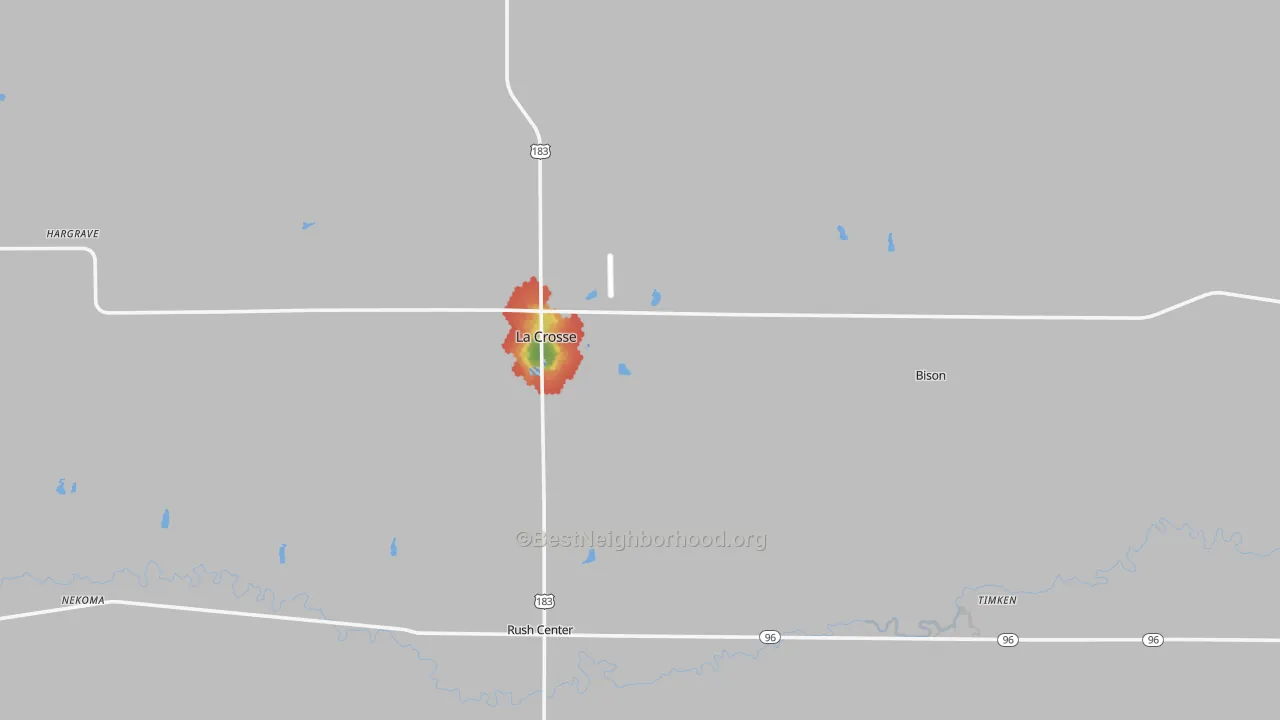 Walk Grade map of Rush County, KS, walkable areas in green and car-dependent areas in red