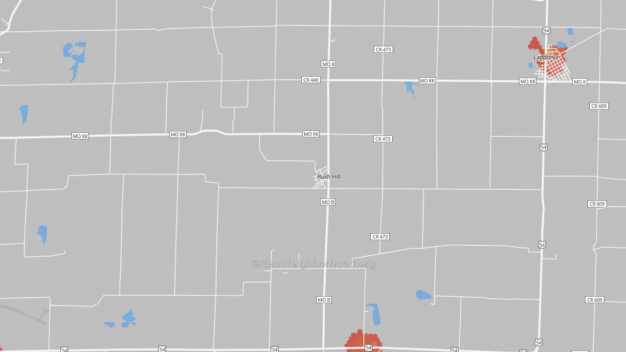 Walk Grade map of Rush Hill, MO, walkable areas in green and car-dependent areas in red