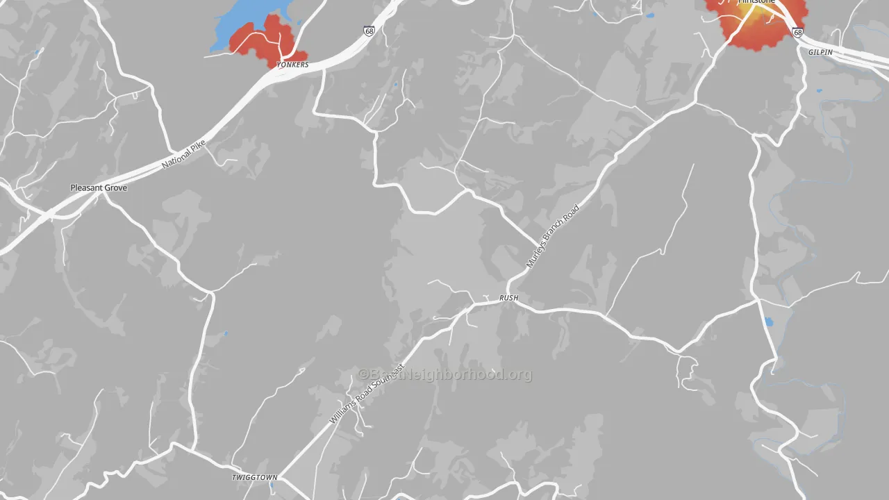 Walk Grade map of Rush, MD, walkable areas in green and car-dependent areas in red