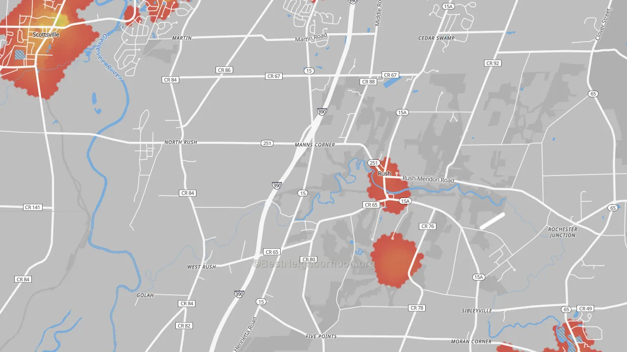 Walk Grade map of Rush, NY, walkable areas in green and car-dependent areas in red