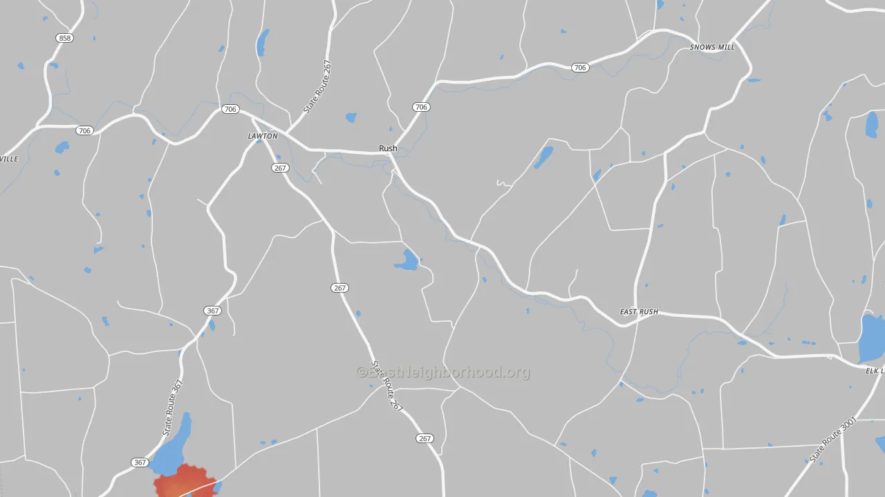 Walk Grade map of Rush, PA, walkable areas in green and car-dependent areas in red