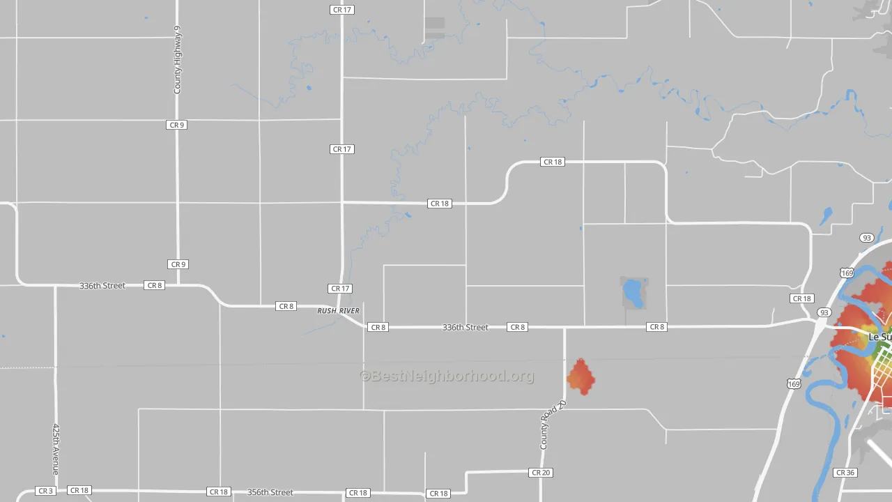 Walk Grade map of Rush River, MN, walkable areas in green and car-dependent areas in red
