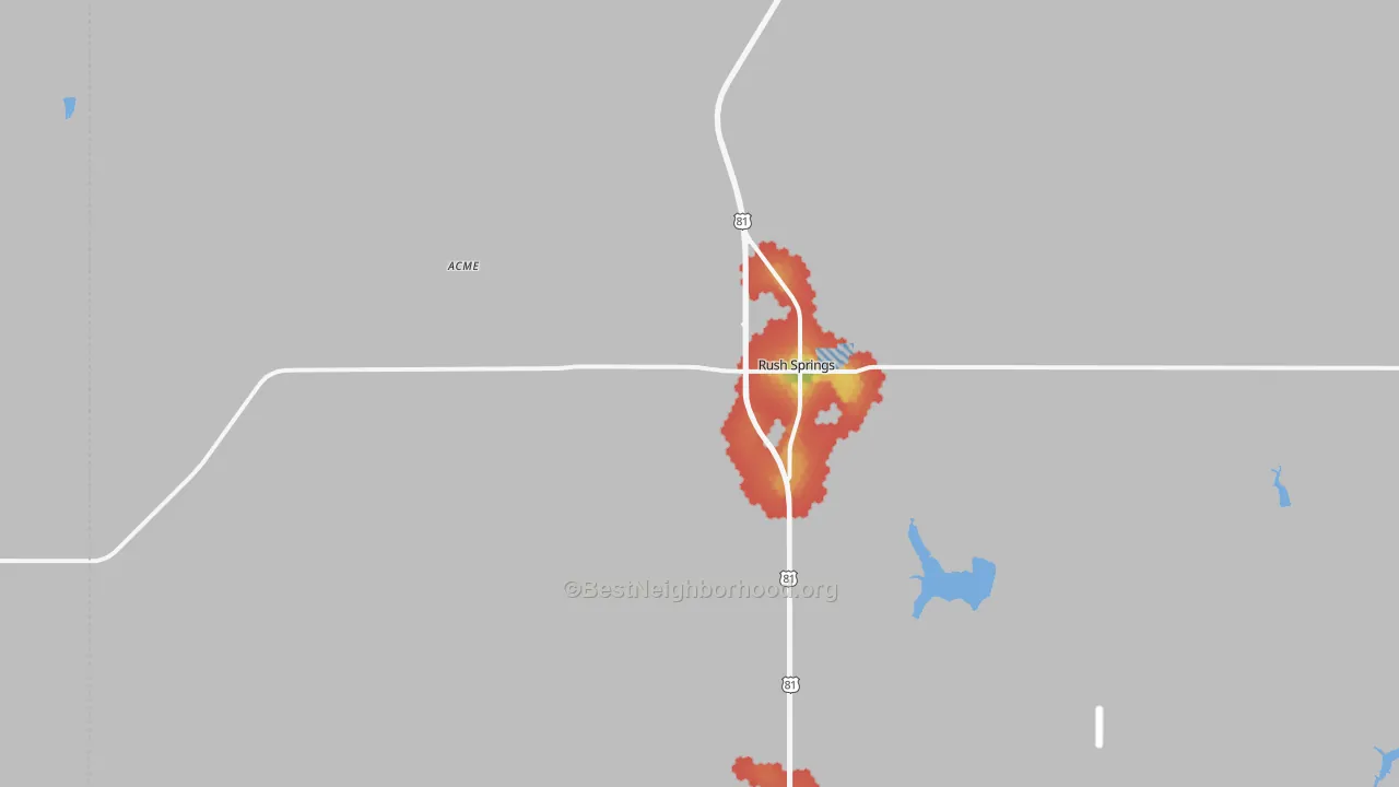 Walk Grade map of Rush Springs, OK, walkable areas in green and car-dependent areas in red