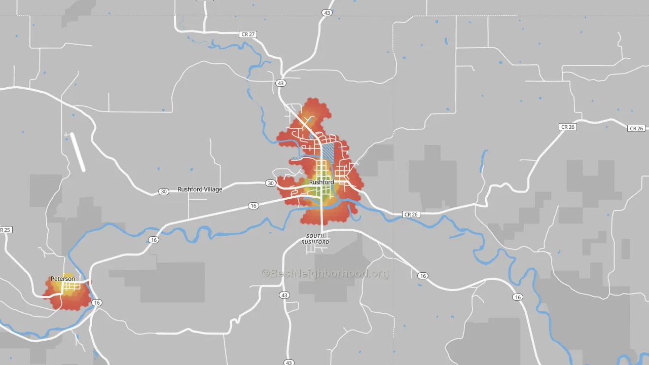 Walk Grade map of Rushford, MN, walkable areas in green and car-dependent areas in red