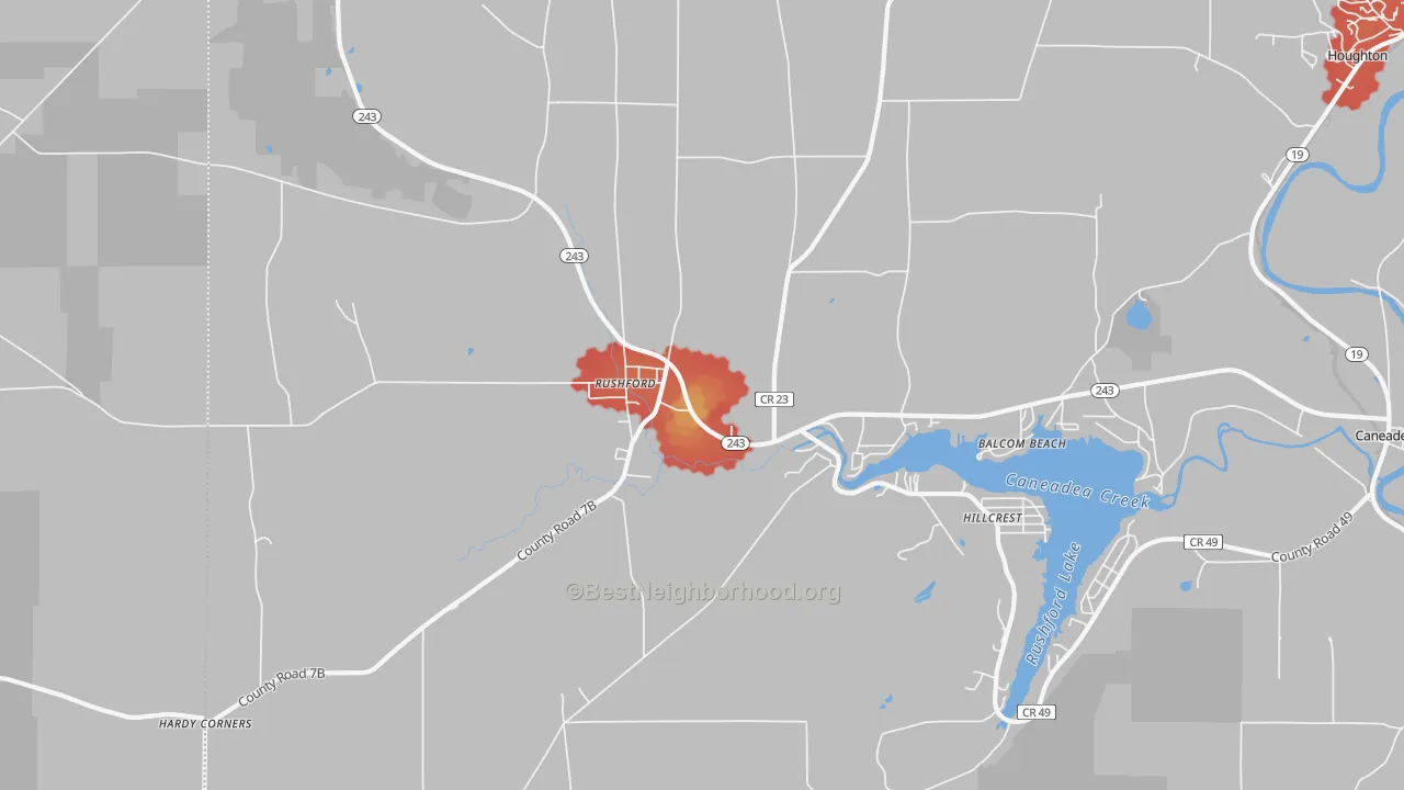 Walk Grade map of Rushford, NY, walkable areas in green and car-dependent areas in red