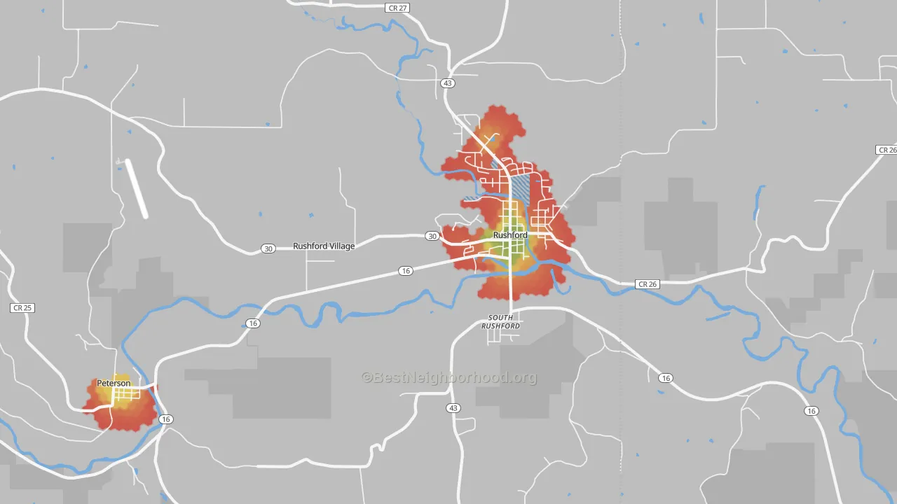 Walk Grade map of Rushford Village, MN, walkable areas in green and car-dependent areas in red