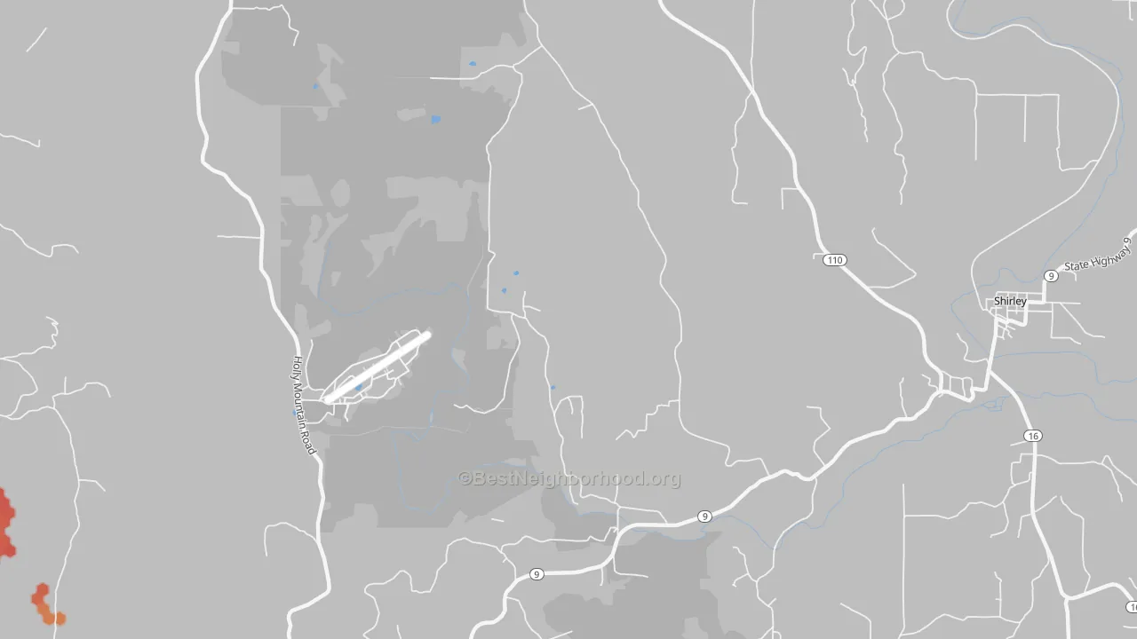 Walk Grade map of Rushing, AR, walkable areas in green and car-dependent areas in red
