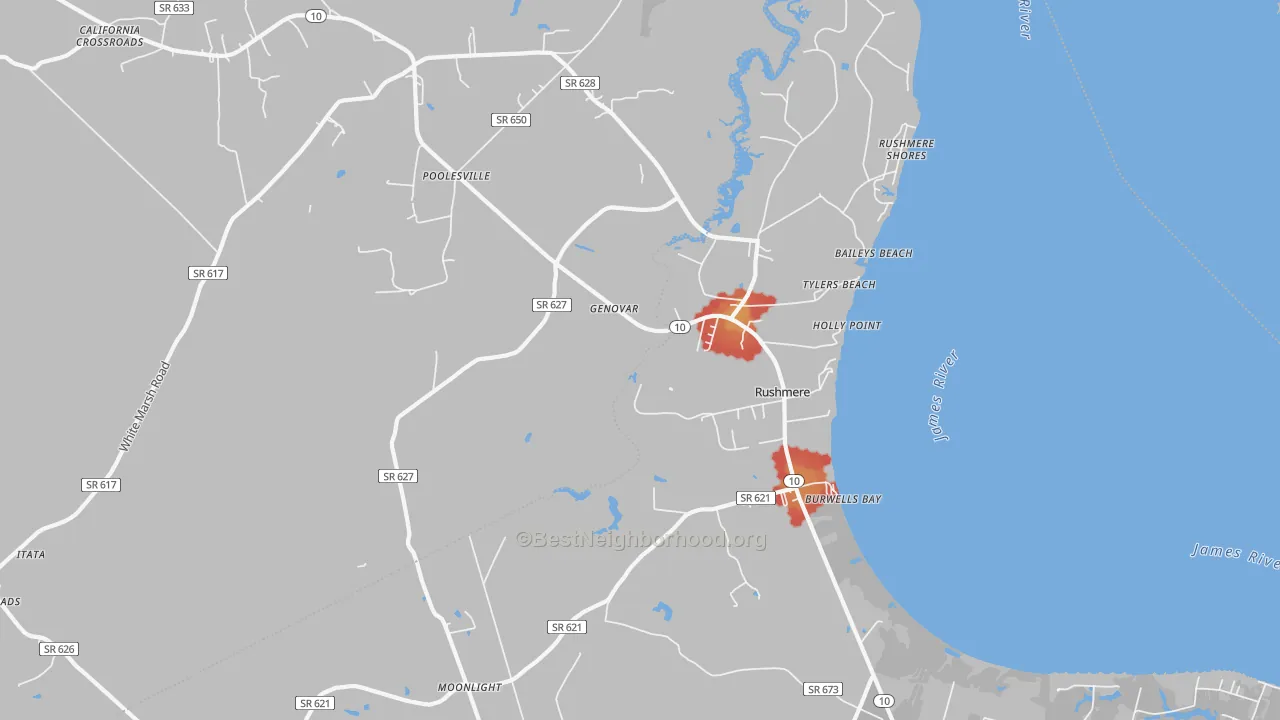 Walk Grade map of Rushmere, VA, walkable areas in green and car-dependent areas in red