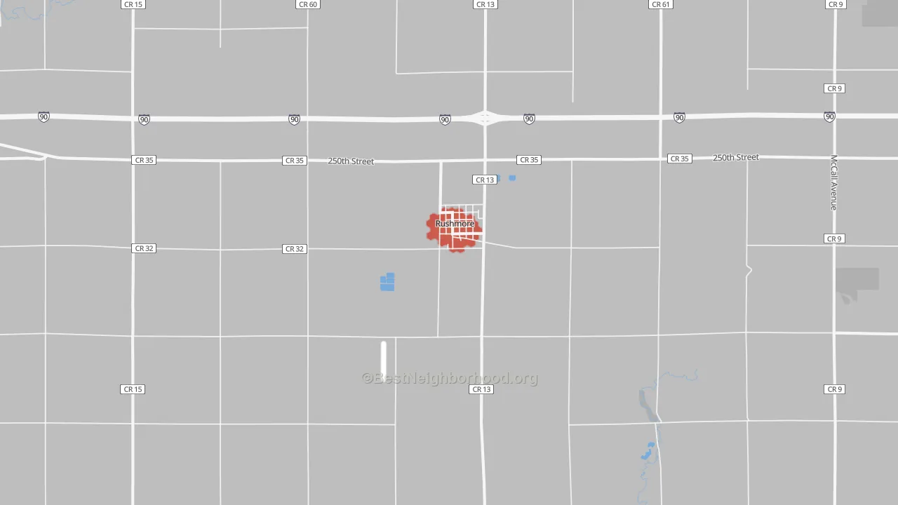 Walk Grade map of Rushmore, MN, walkable areas in green and car-dependent areas in red