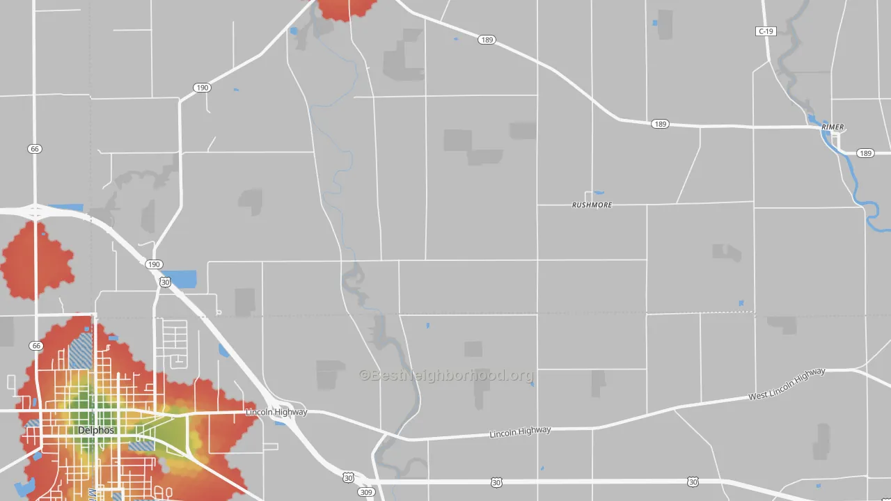 Walk Grade map of Rushmore, OH, walkable areas in green and car-dependent areas in red