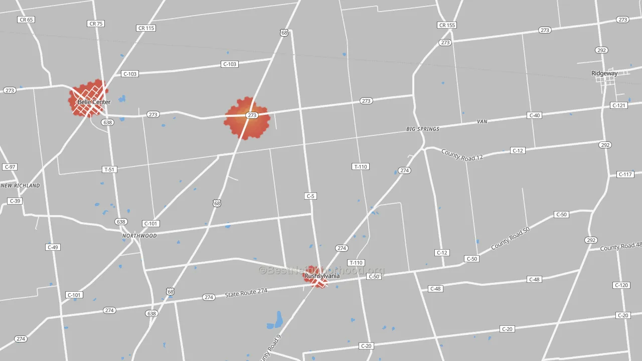Walk Grade map of Rushsylvania, OH, walkable areas in green and car-dependent areas in red