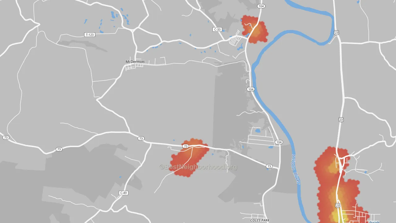 Walk Grade map of Rushtown, OH, walkable areas in green and car-dependent areas in red