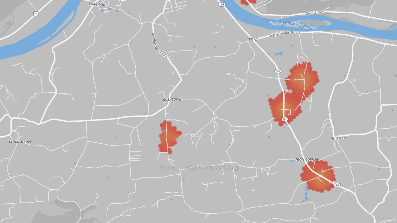 Walk Grade map of Rushtown, PA, walkable areas in green and car-dependent areas in red