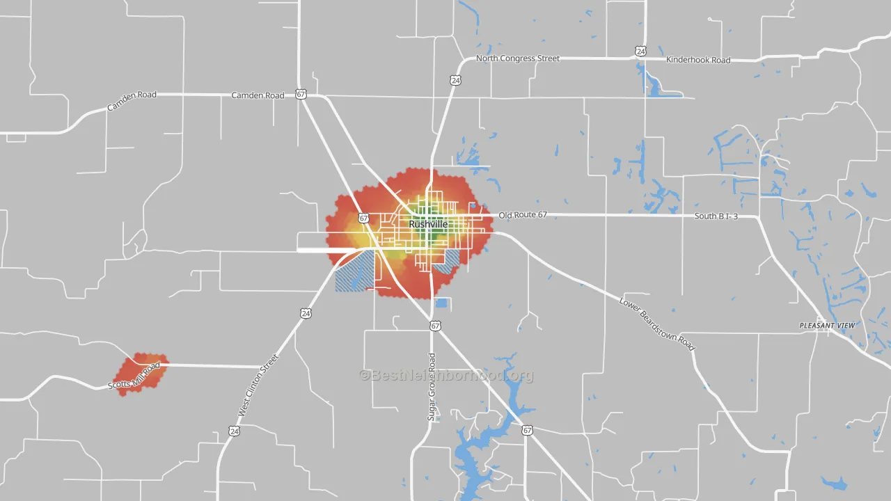 Walk Grade map of Rushville, IL, walkable areas in green and car-dependent areas in red