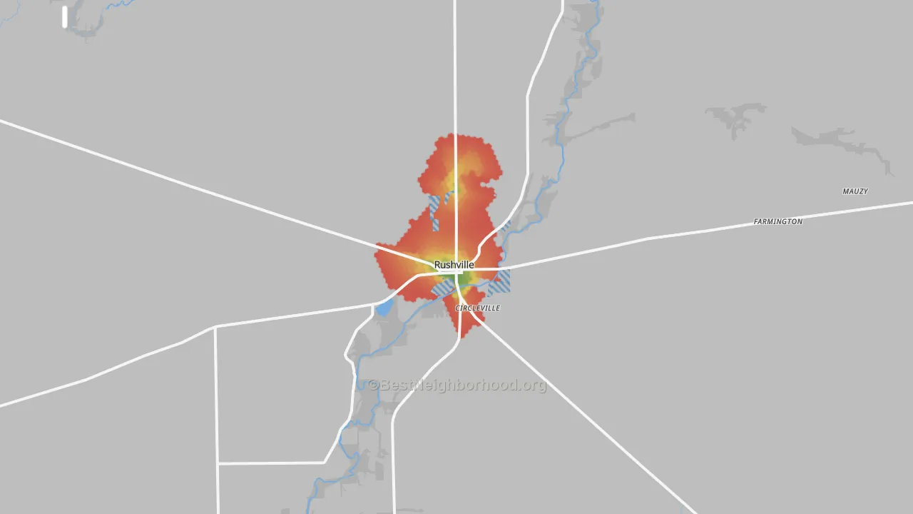 Walk Grade map of Rushville, IN, walkable areas in green and car-dependent areas in red
