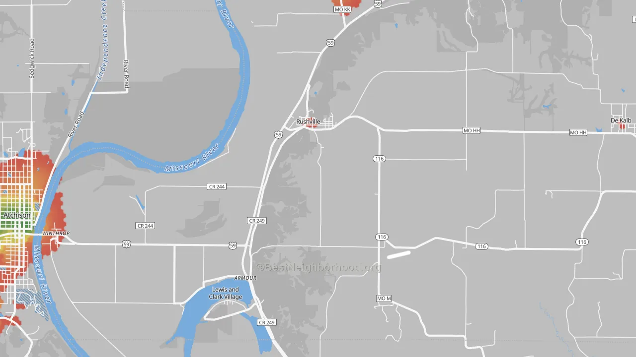Walk Grade map of Rushville, MO, walkable areas in green and car-dependent areas in red