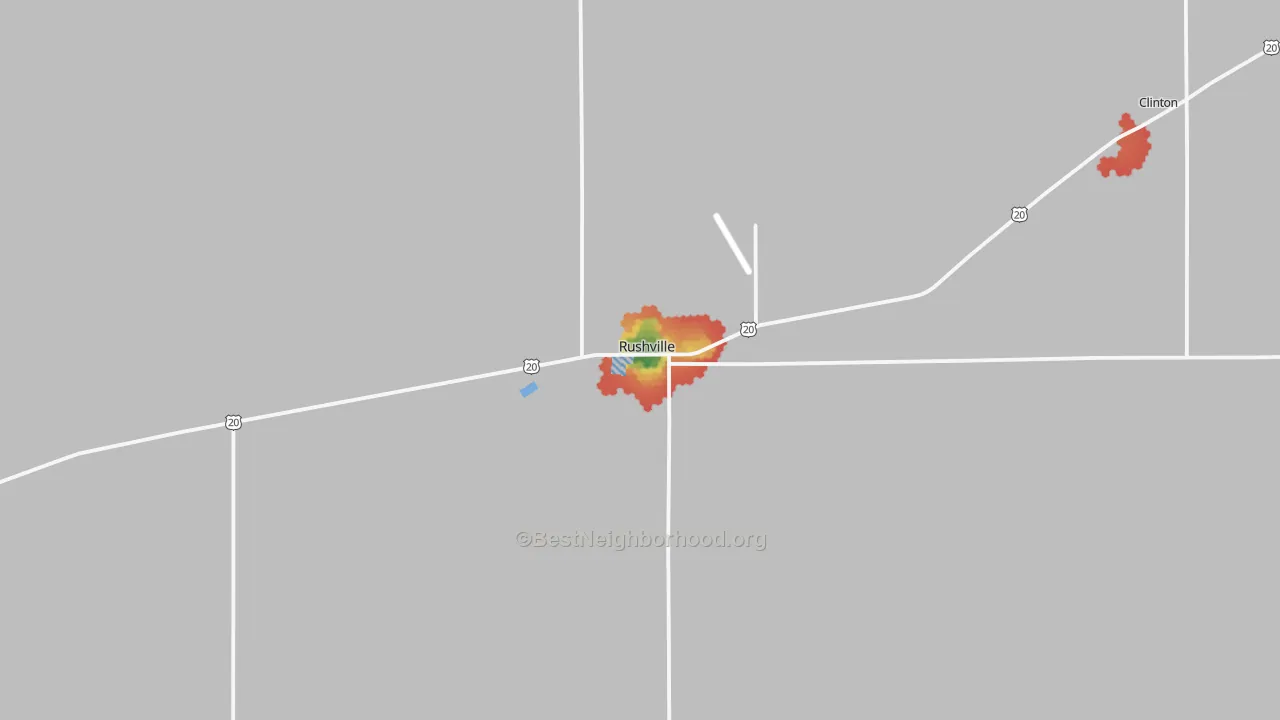 Walk Grade map of Rushville, NE, walkable areas in green and car-dependent areas in red
