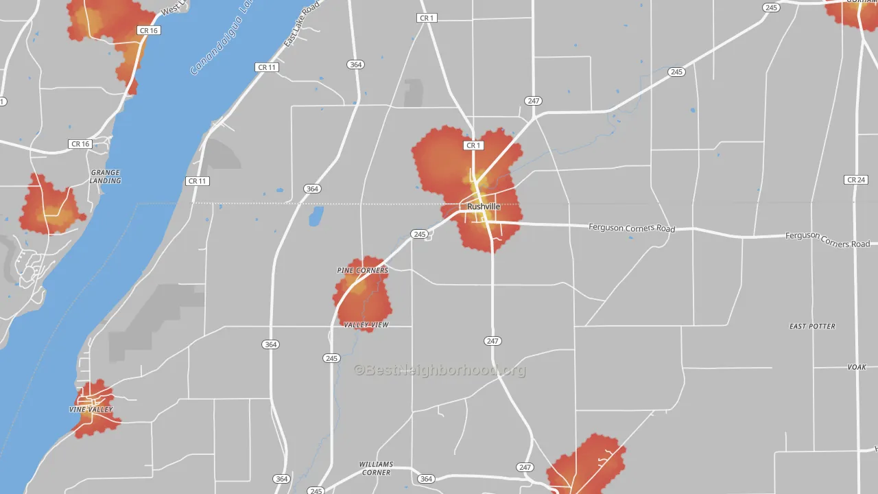 Walk Grade map of Rushville, NY, walkable areas in green and car-dependent areas in red