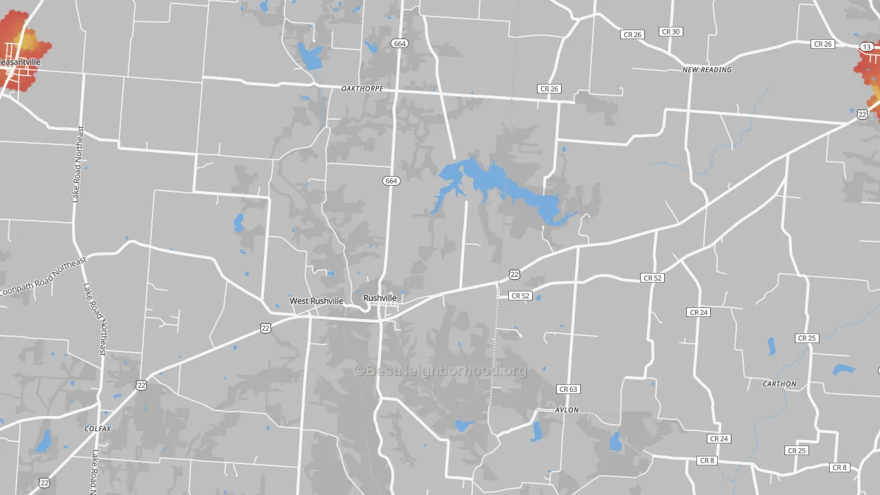 Walk Grade map of Rushville, OH, walkable areas in green and car-dependent areas in red