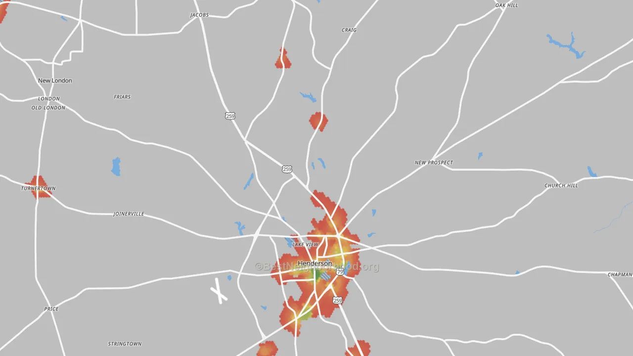 Walk Grade map of Rusk County, TX, walkable areas in green and car-dependent areas in red