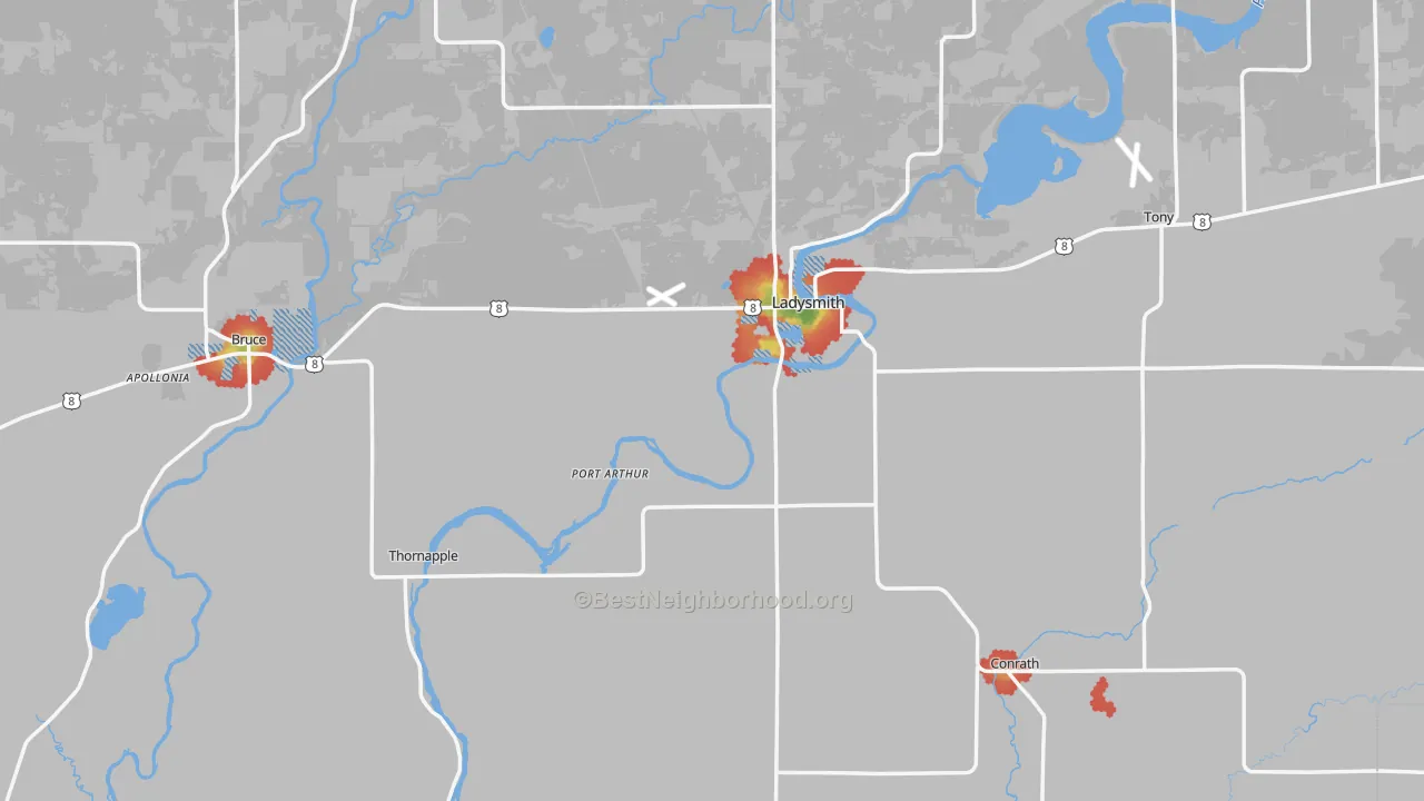 Walk Grade map of Rusk County, WI, walkable areas in green and car-dependent areas in red