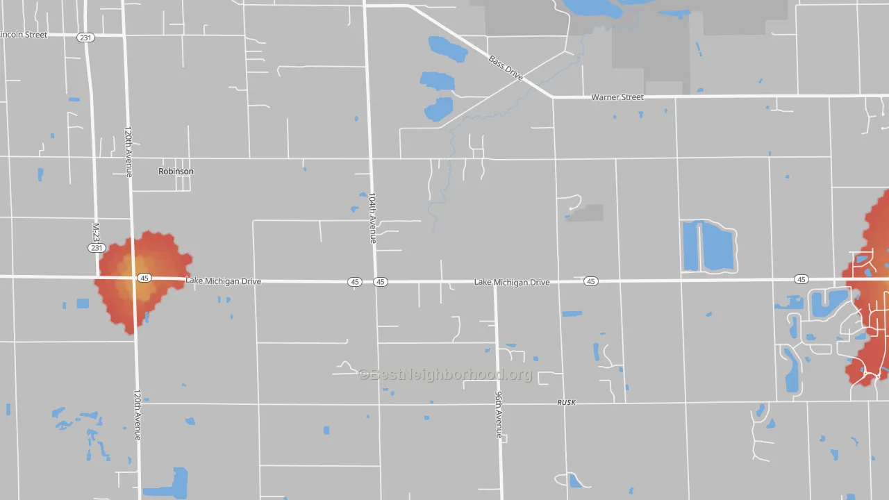 Walk Grade map of Rusk, MI, walkable areas in green and car-dependent areas in red