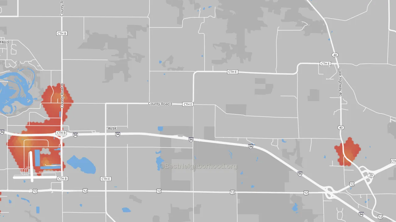 Walk Grade map of Rusk, WI, walkable areas in green and car-dependent areas in red
