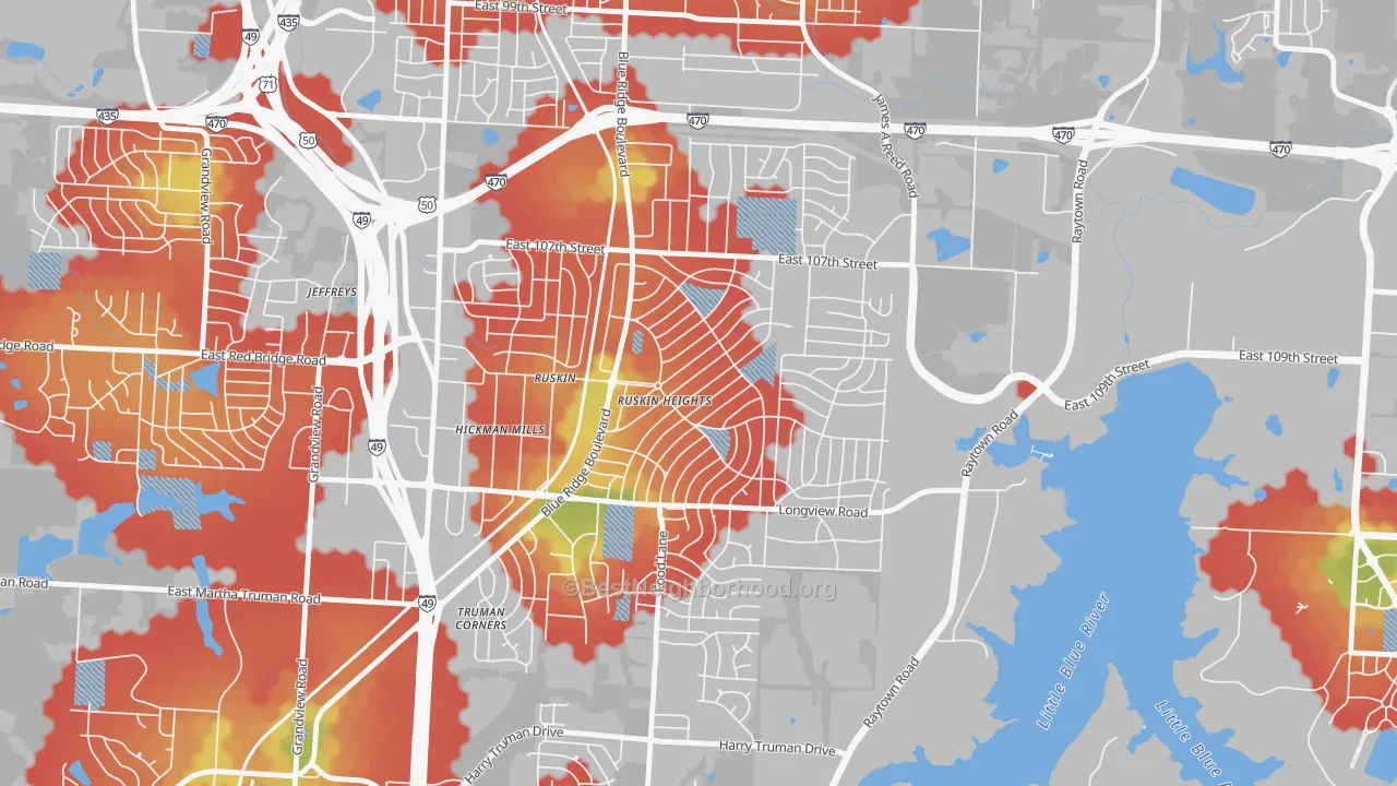 Walk Grade map of Ruskin Heights, Kansas City, MO, walkable areas in green and car-dependent areas in red