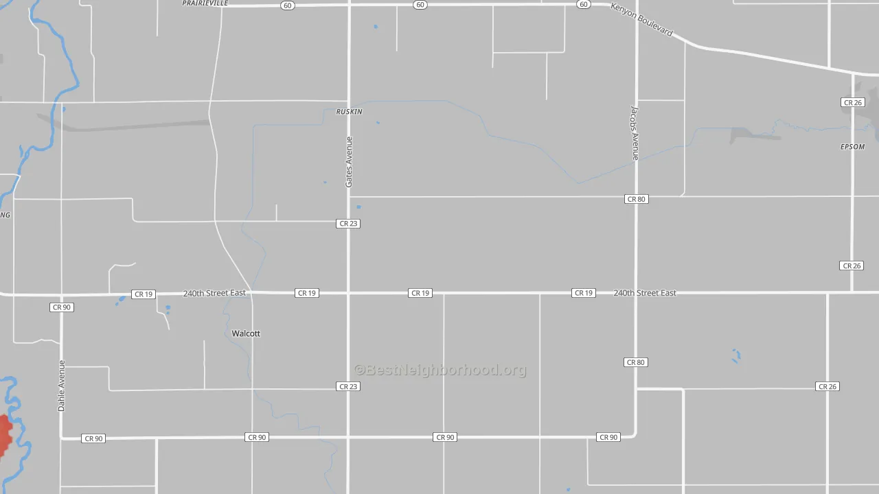 Walk Grade map of Ruskin, MN, walkable areas in green and car-dependent areas in red