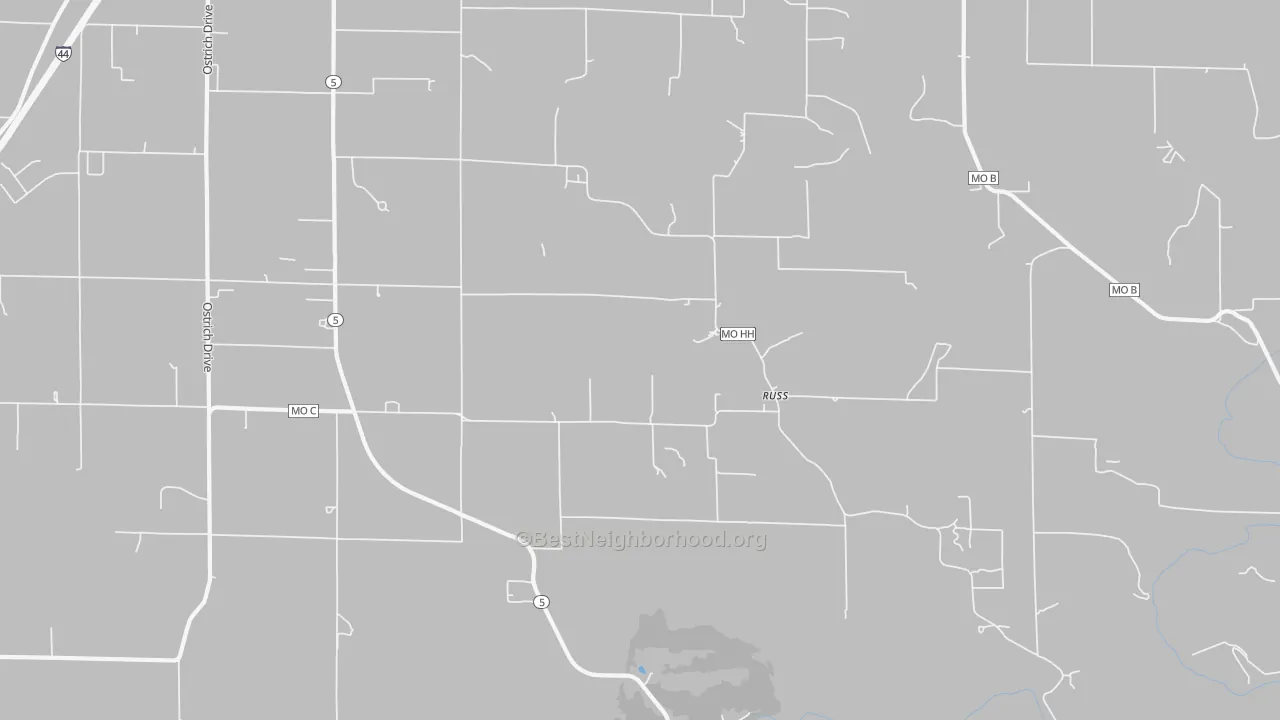 Walk Grade map of Russ, MO, walkable areas in green and car-dependent areas in red