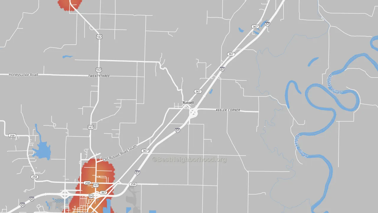 Walk Grade map of Russell, AR, walkable areas in green and car-dependent areas in red