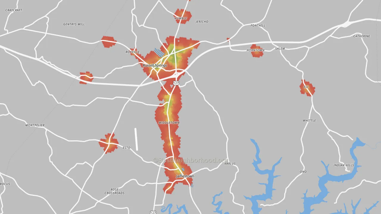 Walk Grade map of Russell County, KY, walkable areas in green and car-dependent areas in red