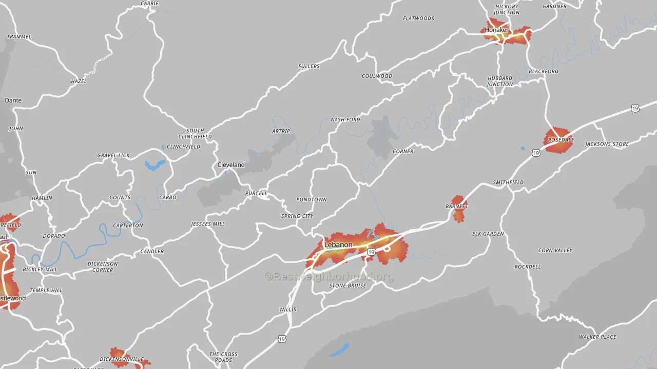 Walk Grade map of Russell County, VA, walkable areas in green and car-dependent areas in red