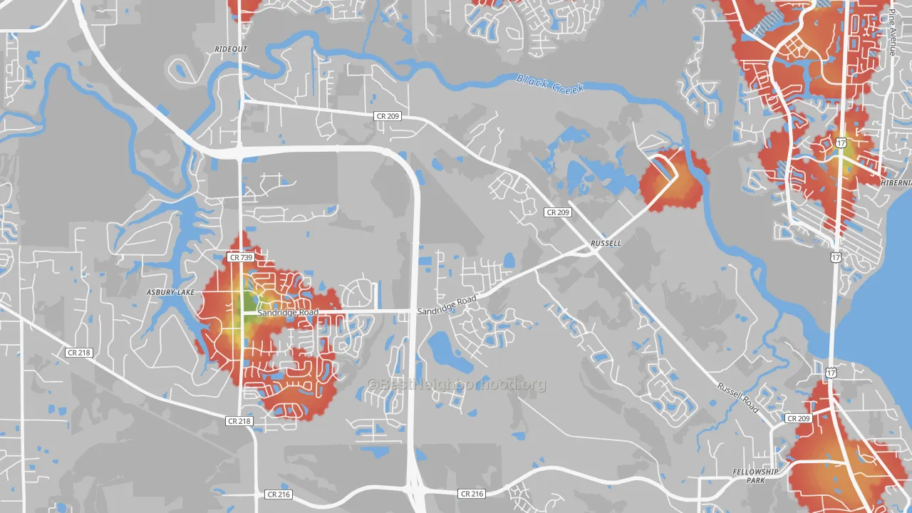 Walk Grade map of Russell, FL, walkable areas in green and car-dependent areas in red