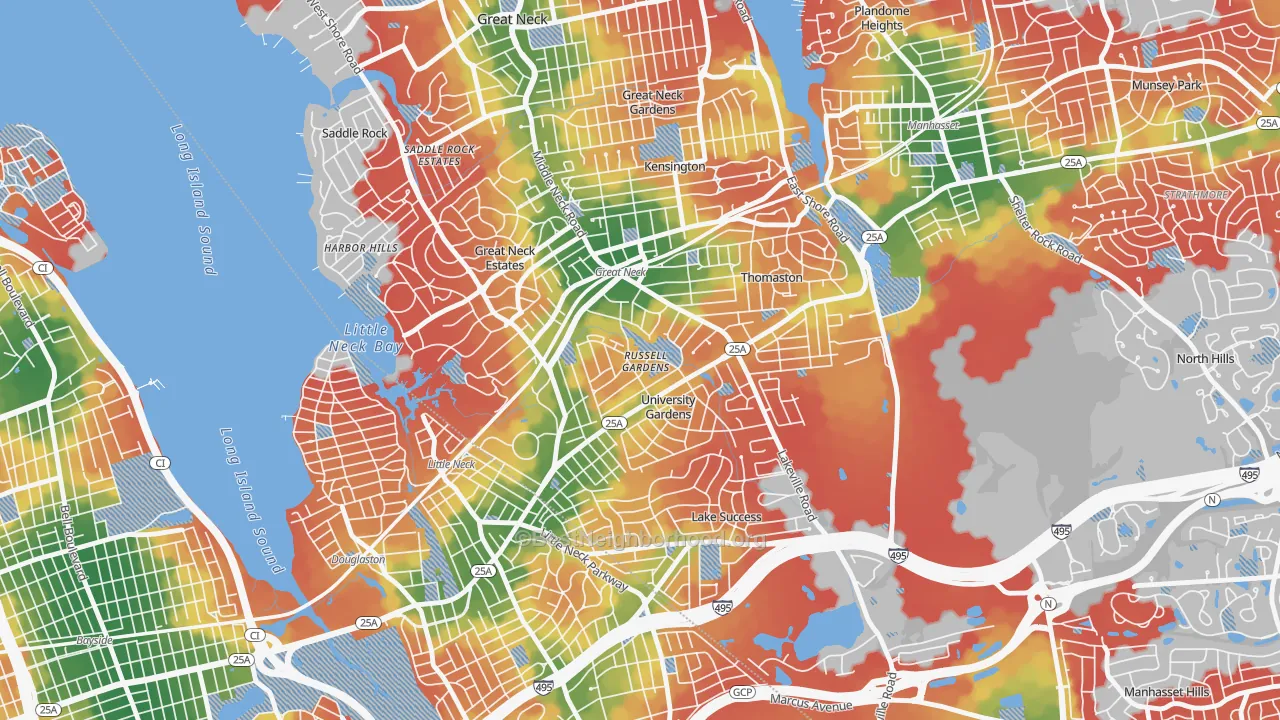 Walk Grade map of Russell Gardens, NY, walkable areas in green and car-dependent areas in red
