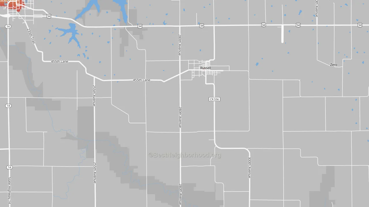 Walk Grade map of Russell, IA, walkable areas in green and car-dependent areas in red