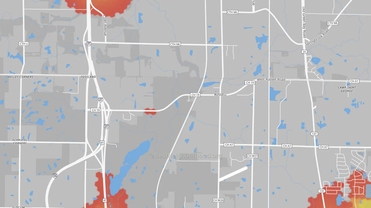 Walk Grade map of Russell, IL, walkable areas in green and car-dependent areas in red